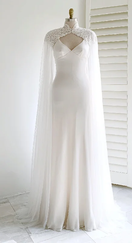 Weekend Sale Frenzy White Bridal Long Tulle Cape Sleeves with Embroidered Lace Appliques Long Wedding Dress, DP3495 Weekend Sale Frenzy White Bridal Long Tulle Cape Sleeves with Embroidered Lace Appliques Long Wedding Dress, DP3495