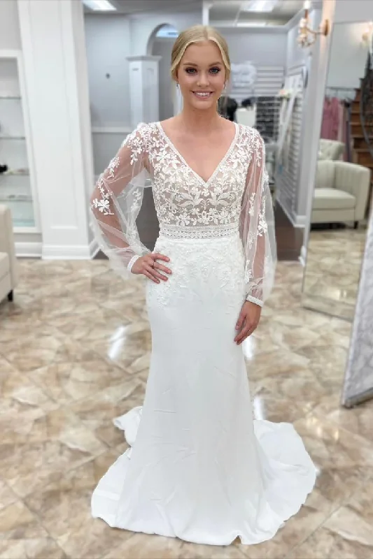 Weekend Massive Discounts White Deep V Neck Illusion Sleeves Appliques Mermaid Long Wedding Dress,DP1320 Weekend Massive Discounts White Deep V Neck Illusion Sleeves Appliques Mermaid Long Wedding Dress,DP1320