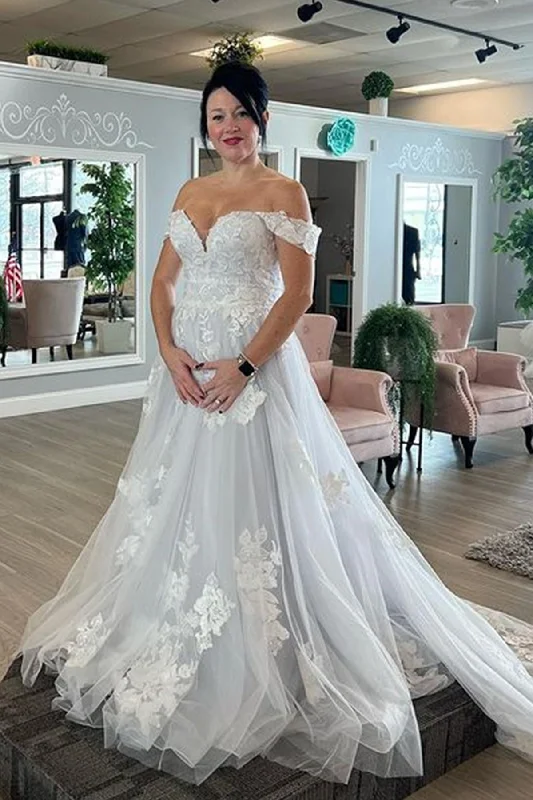 Weekend Specials Galore White Lace Off Shoulder Long Prom Wedding Dresses with Train, White Lace Formal Dresses, White Evening Dresses WT1112 Weekend Specials Galore White Lace Off Shoulder Long Prom Wedding Dresses with Train, White Lace Formal Dresses, White Evening Dresses WT1112