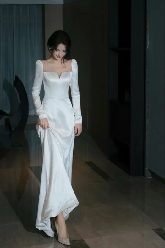 Weekend Flash Savings White Long Sleeves Satin Long Party Dress Wedding Dress,DP1885 Weekend Flash Savings White Long Sleeves Satin Long Party Dress Wedding Dress,DP1885