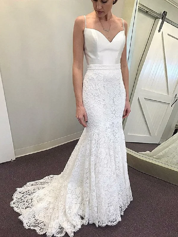 Shop & Save White Mermaid Spaghetti Straps Sweep Train Lace Wedding Dresses, Mermaid White Lace Prom Evening Dresses Shop & Save White Mermaid Spaghetti Straps Sweep Train Lace Wedding Dresses, Mermaid White Lace Prom Evening Dresses