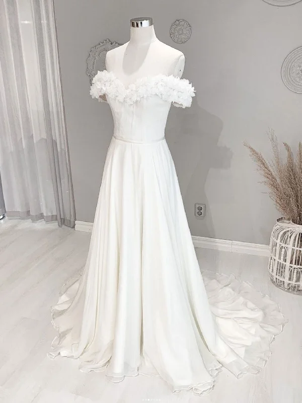 Weekend Price Slash Day White Off Shoulder Flowers Long Wedding Dress, White Beach Wedding Dress Weekend Price Slash Day White Off Shoulder Flowers Long Wedding Dress, White Beach Wedding Dress