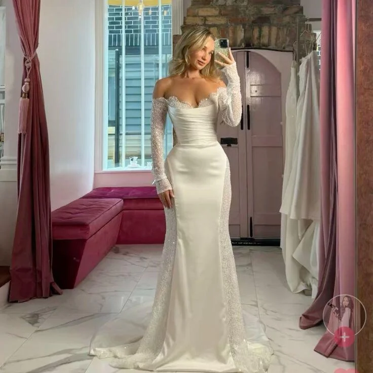 Weekend Special Bargains White Off Shoulder Long Sleeves Mermaid Long Wedding Dress, DP2910 Weekend Special Bargains White Off Shoulder Long Sleeves Mermaid Long Wedding Dress, DP2910