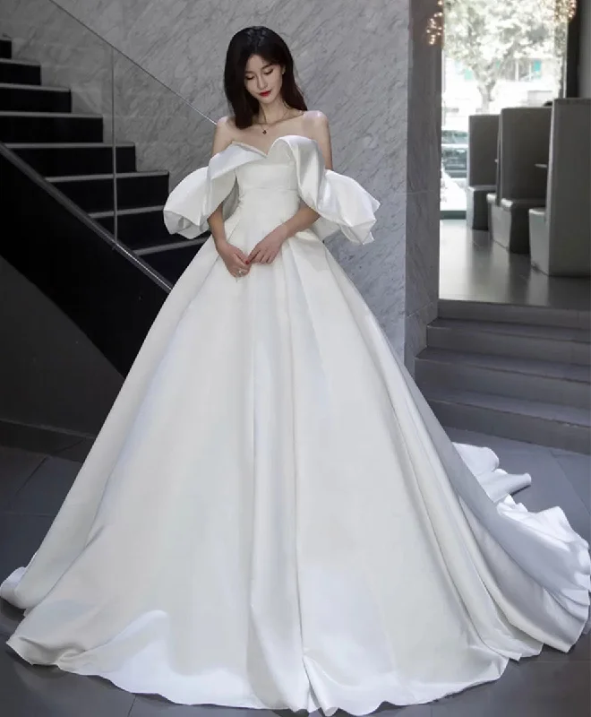 Extra Discount White Off Shoulder Satin Long Wedding Dress White Bridal Gown