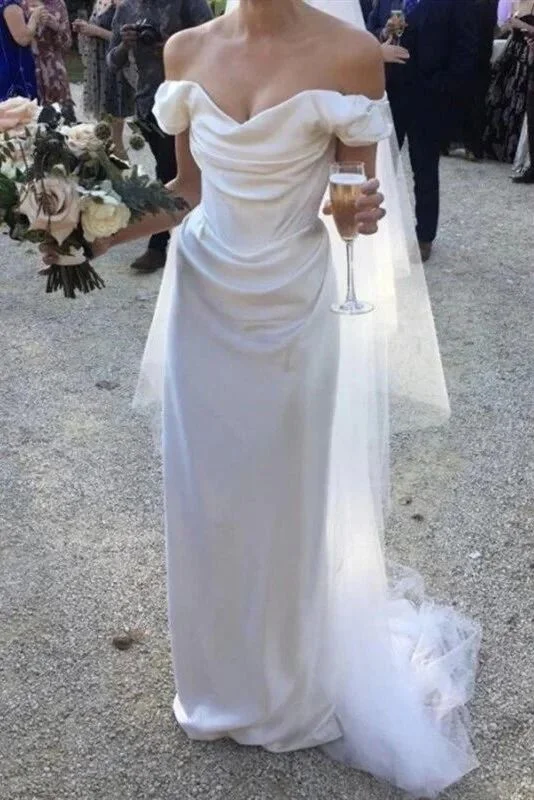 Weekend Hot Picks White Off Shoulder Satin Simple Light Wedding Dress, DP2706