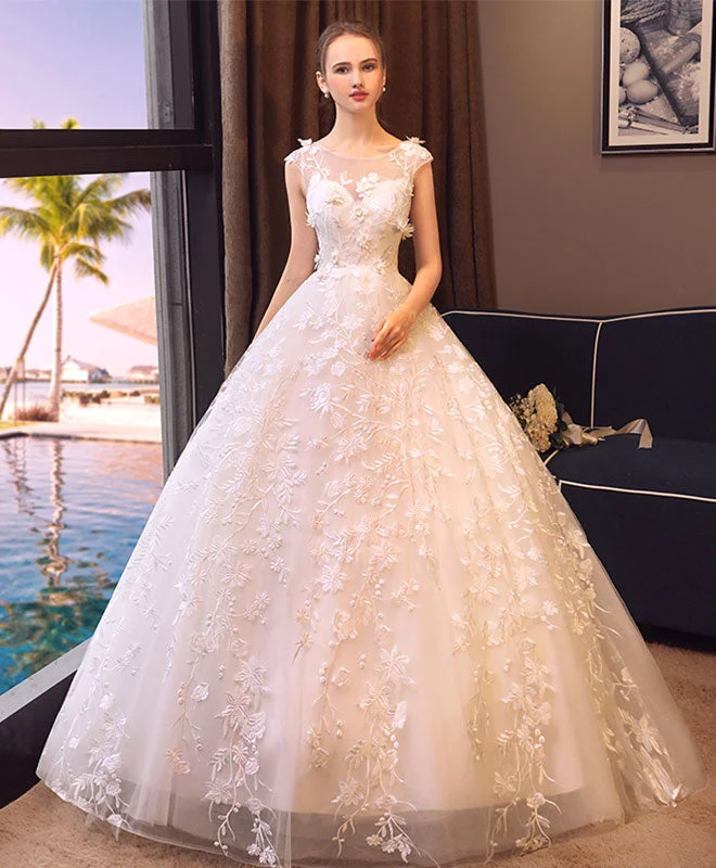 Big Offers White Round Neck Lace Tulle Long Prom Dress, Wedding Dress