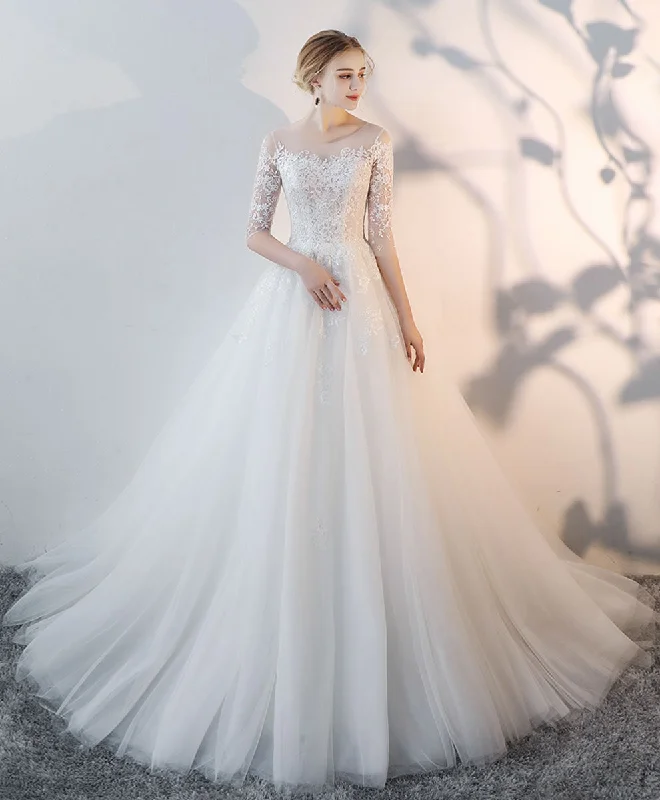 Best Price Ever White Round Neck Tulle Lace Long Bridal Gown Lace Wedding Dress