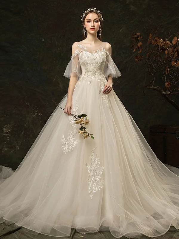 Limited Time Bargain White Round Neck Tulle Lace Long Wedding Dress, Bridal Dress
