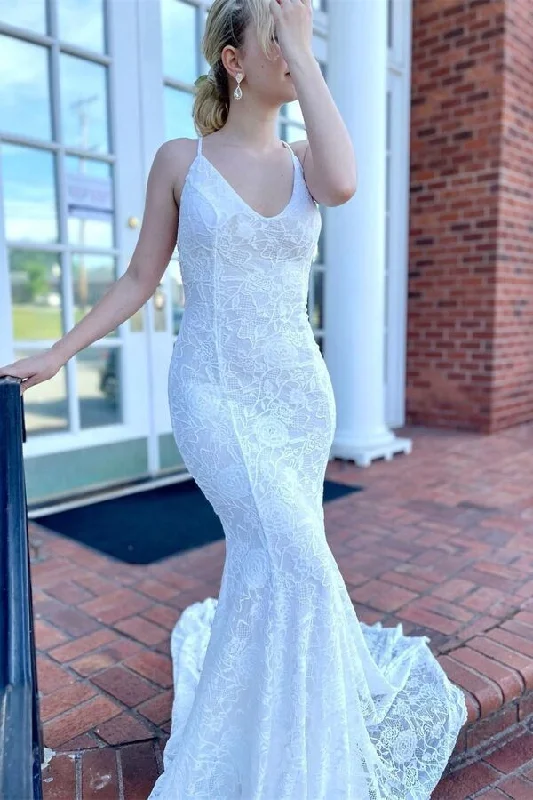 Weekend Clearance Frenzy White Spaghetti Straps Lace Mermaid Long Prom Dress Light Wedding Dress,DP1599 Weekend Clearance Frenzy White Spaghetti Straps Lace Mermaid Long Prom Dress Light Wedding Dress,DP1599