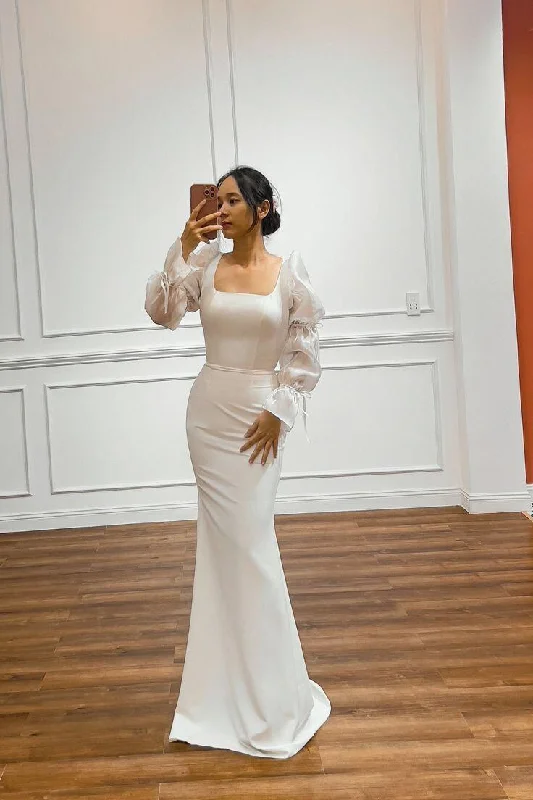 Weekend Shop Now White Square Neck Long Sleeves Mermaid Long Prom Dress Light Wedding Dress,DP1477 Weekend Shop Now White Square Neck Long Sleeves Mermaid Long Prom Dress Light Wedding Dress,DP1477