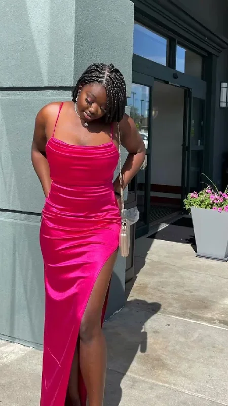 Weekend Special Discounts Fuchsia Straps Satin Black Girl Bridesmaid Dress Evening Party Dress with Slit,DP1278 Weekend Special Discounts Fuchsia Straps Satin Black Girl Bridesmaid Dress Evening Party Dress with Slit,DP1278