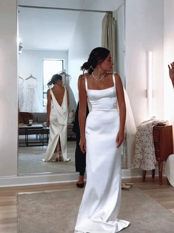 Weekend Deal Fest White Straps Sheath Backless Light Wedding Dress, DP2706
