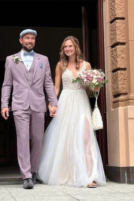 Weekend Special Discounts White V Neck Beading Tulle A-Line Elegant Wedding Dress, DP2130 Weekend Special Discounts White V Neck Beading Tulle A-Line Elegant Wedding Dress, DP2130