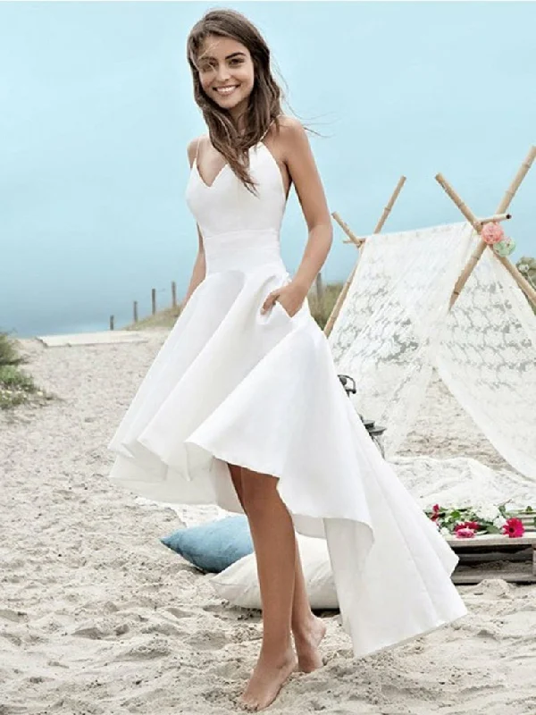 Flash Price Drops White V Neck High Low Backless Wedding Dresses, White Backless Prom Dresses With Spaghetti Straps Flash Price Drops White V Neck High Low Backless Wedding Dresses, White Backless Prom Dresses With Spaghetti Straps