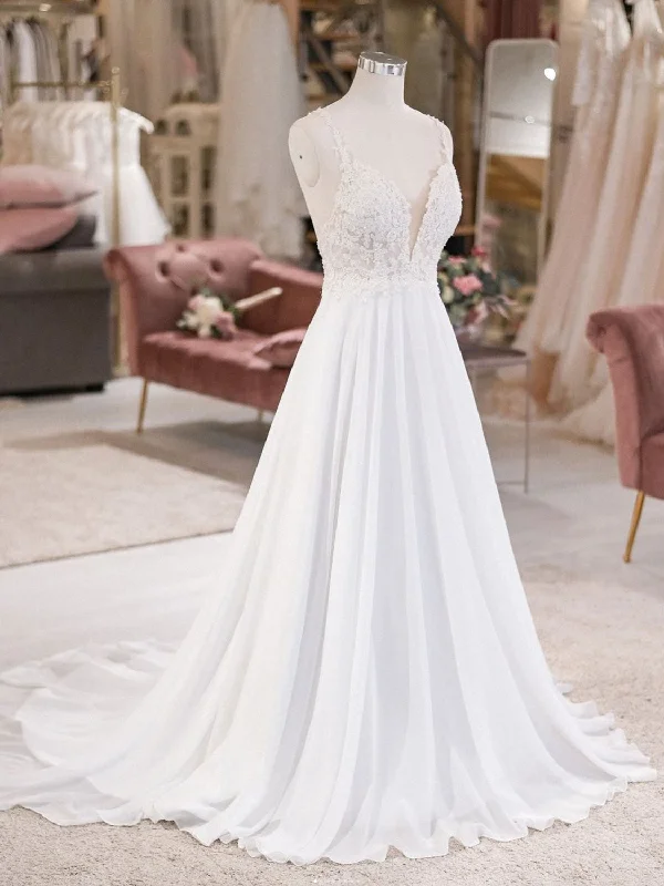 Weekend Must-Have Offers White V Neck Lace Chiffon Long Wedding Dress, Beach Wedding Dress Weekend Must-Have Offers White V Neck Lace Chiffon Long Wedding Dress, Beach Wedding Dress
