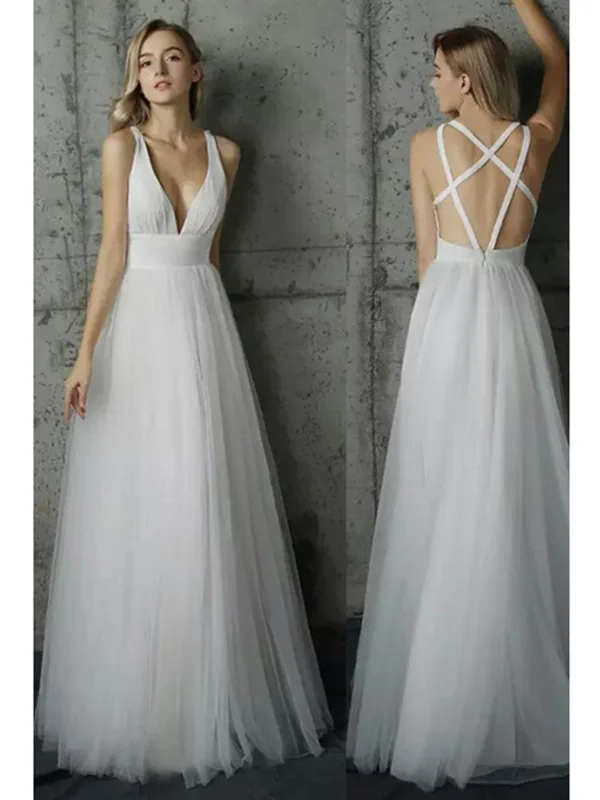 Exclusive Pricing White V Neck Sleeveless Wedding Dresses, White Prom Dresses