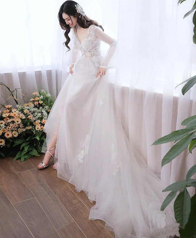 Deal of the Week White V Neck Tulle Lace Long Prom Dress, White Evening Dress