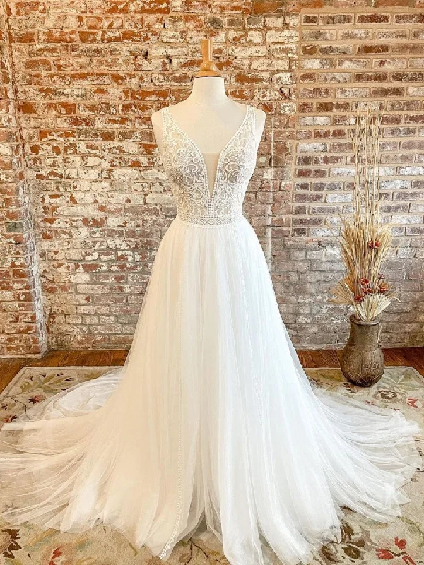 Special Price Drop White v neck tulle lace long prom dress, white tulle wedding dress ,DS4011 Special Price Drop White v neck tulle lace long prom dress, white tulle wedding dress ,DS4011