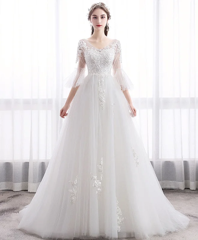 Weekend Deals White V Neck Tulle Lace Long Wedding Dress, Lace Bridal Dress