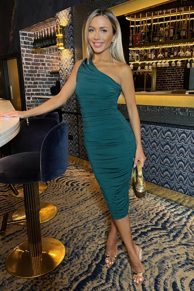 Shop More, Save More AX Paris Teal One Shoulder Bodycon Ruched Midi Dress