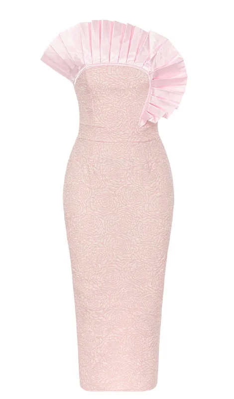 Hurry, While Stocks Last BODYCON RUFFLE DETAIL MIDI DRESS IN PINK
