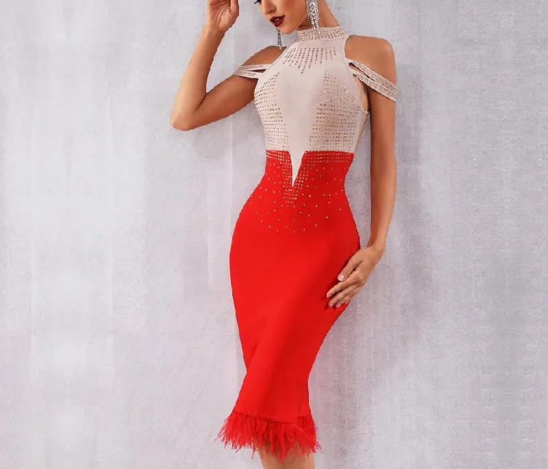 Weekend Only Sale Elegant Off Shoulder Feather Bodycon Beading Dress