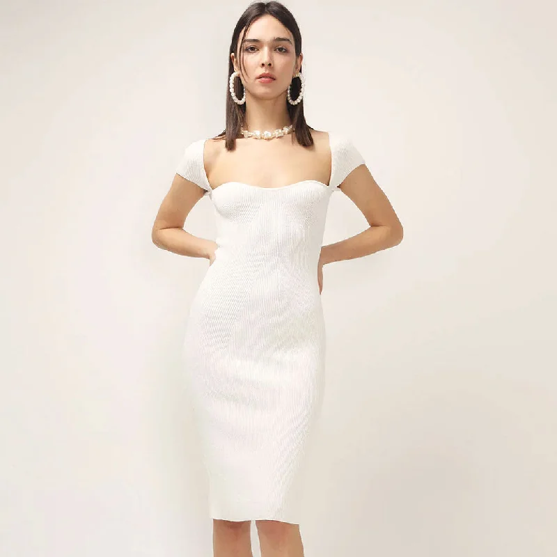 Flash Discounts BerryBetty - Sweetheart Neck Cap Sleeve Ribbed Knit Bodycon Midi Dress - White