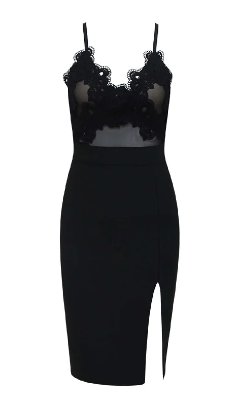 Limited Time Bargain LACE V NECK SPLIT BODYCON MIDI DRESS IN BLACK