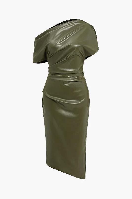Season-End Deals One-Shoulder Faux Leather Bodycon Dres