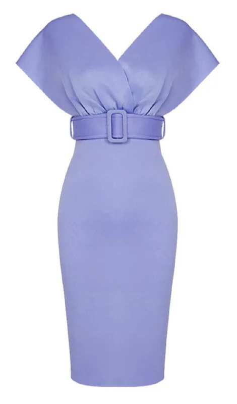Deal of the Week OFF SHOULDER V NECK BODYCON MIDI DRESS IN PURPLE