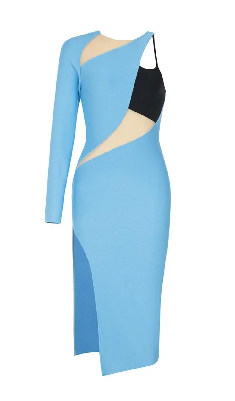 Big Bargain Bonanza ONE SHOULDER BODYCON MIDI DRESS IN BLUE