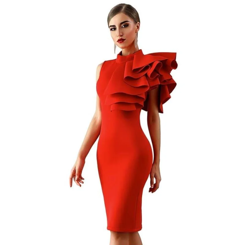 Weekend Exclusive Bargains One Shoulder Ruffles Sexy Sleeveless  Bodycon Midi Dress