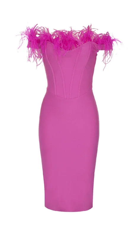Last Chance Sale PINK OSTRICH HAIR SHOULDER BODYCON DRESS
