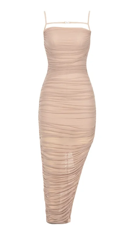 Exclusive Discounts Just for You RUCHED BODYCON MIDI DRESS IN TAUPE