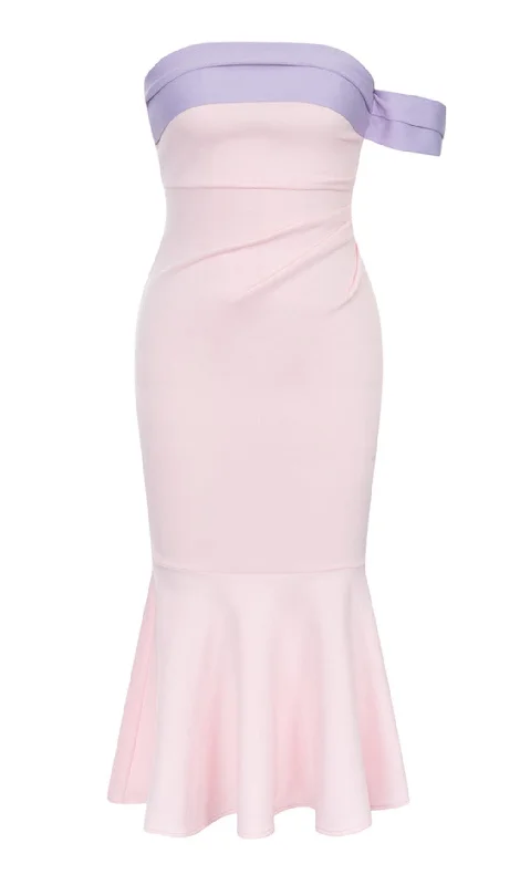 Final Clearance RUFFLE BODYCON MIDI DRESS IN PINK