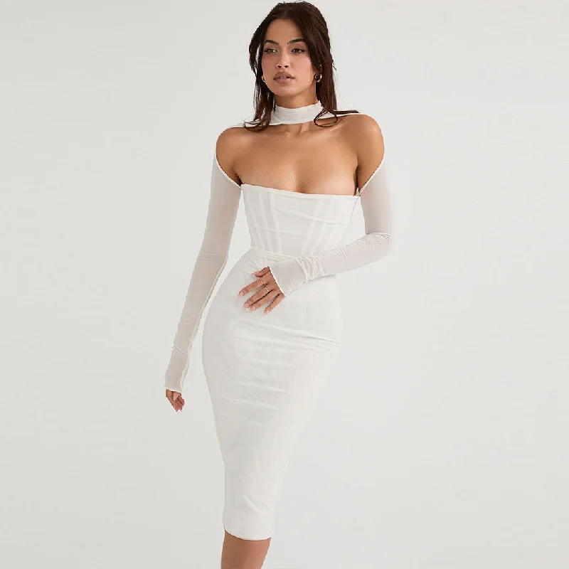 Shop & Get More BerryBetty - Cut Out Long Sleeve Mesh Bodycon Cocktail Midi Dress - White