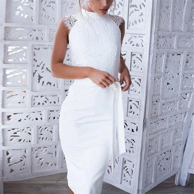 Weekend Mega Deals White Floral Lace Bodycon Pencil Dress