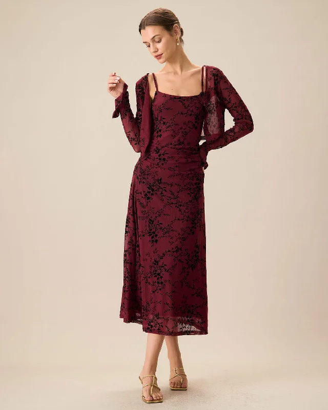 Deal Frenzy Women's Red Floral Bodycon Ruched Slip Midi Dress