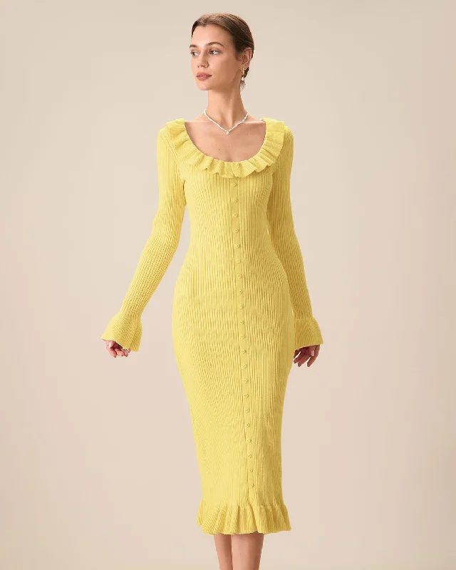 Big Offers Yellow U-Neck Ruffle Bodycon Sweater Dress