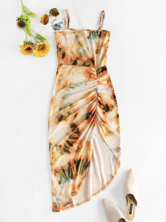 Weekend Special Discounts Asymmetric Tie Dye Ruched Bodycon Dress for Women