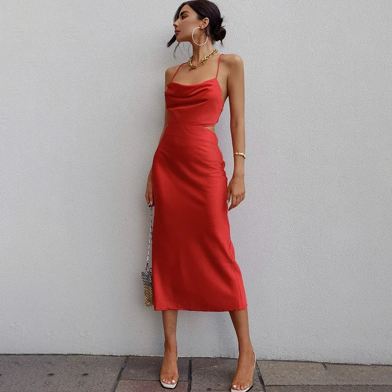 Weekend Shopping Fiesta BerriesJam - Backless Satin Straps Silk Sexy Bodycon Lace Up Dress