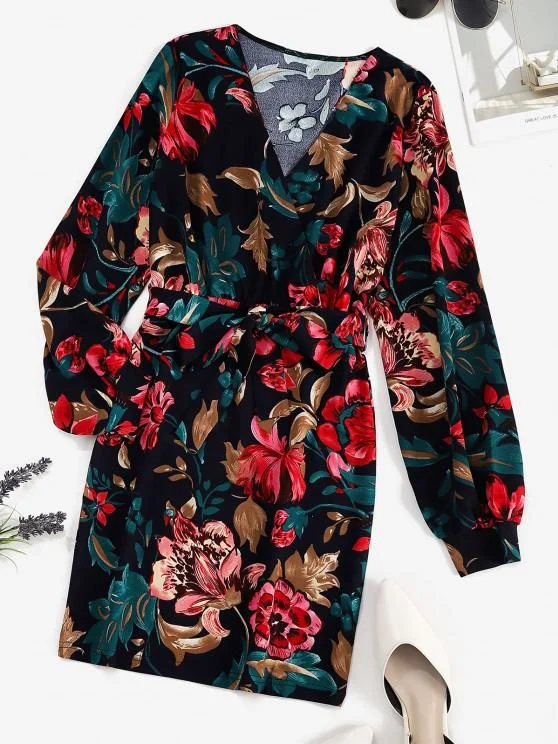 Weekend Markdowns Belted Floral Surplice Bodycon Dress for Women