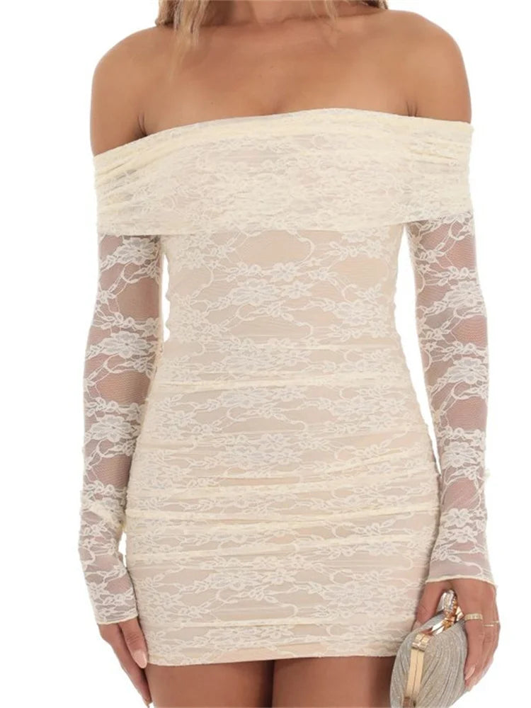 Limited Time Only Off Shoulder Lace Long Sleeve Bodycon Mini Dresses