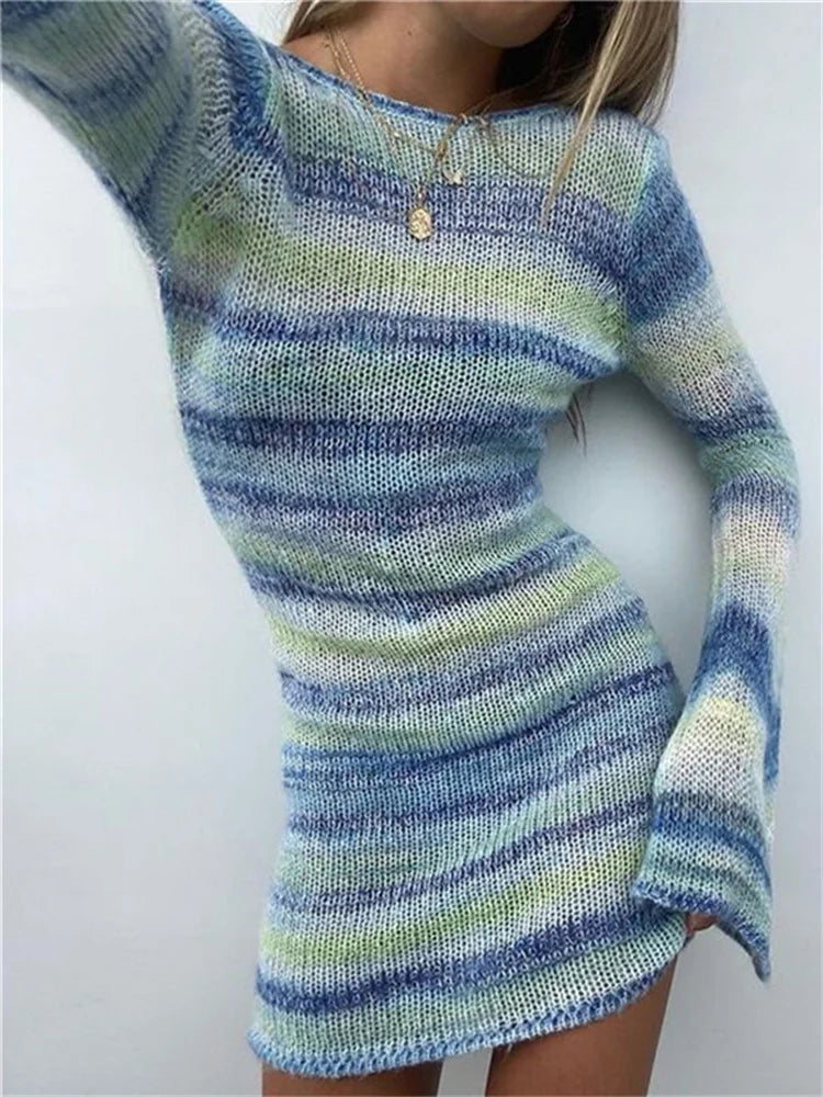 Only for You Colorful Striped Y2K Knitted Bodycon Mini Dresses