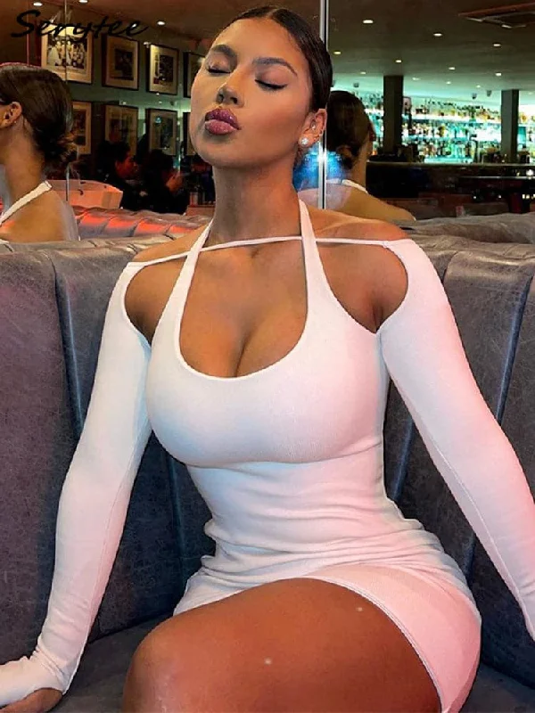 Massive Savings Event 2023 Serytee Spring Long Sleeve Halter White Bodycon Dress