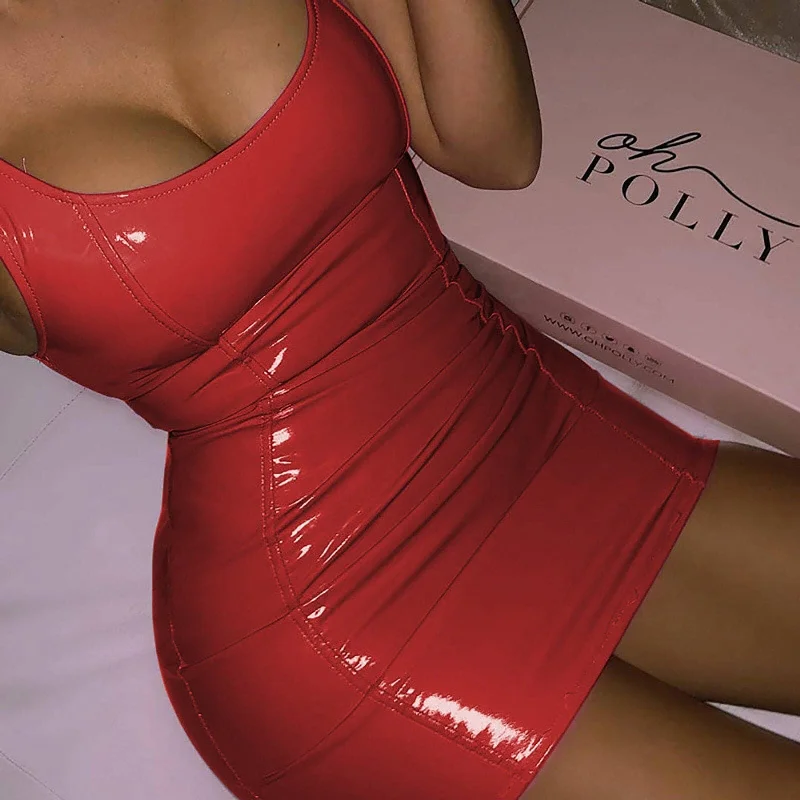 Shop & Save More Sexy PU Patent Leather Sheath Tank Dress Women Short Mini Low Cut Slim Latex Nightclub Dresses Bodycon Package Hip Summer