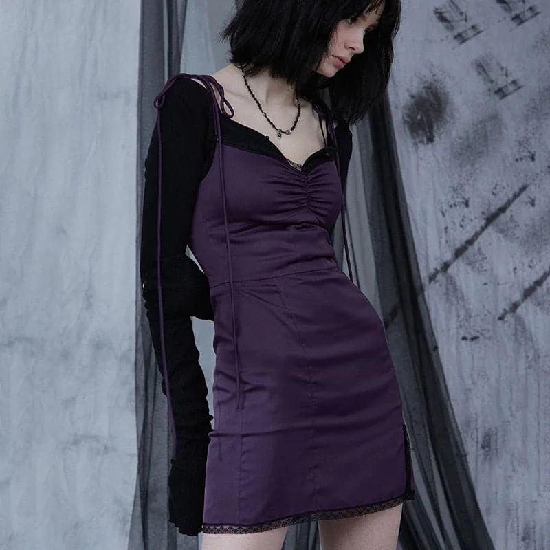 Extra Discount Sexy Spaghetti Straps Bodycon Gothic Black Dress Women Streetwear Black Lace Up Mini Female Dress Casual Purple Dress