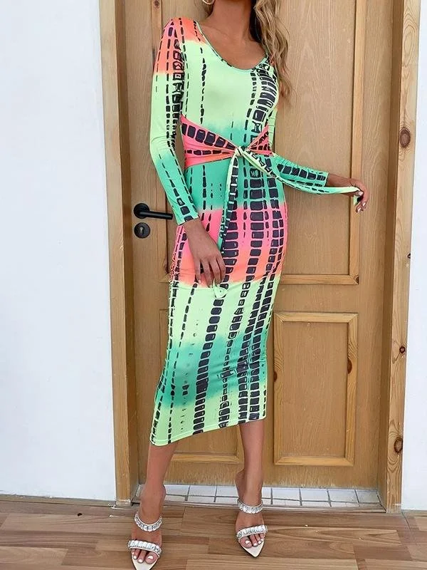Final Sale Event Brush Stroke Print Tie Waist Bodycon Dress for Women
