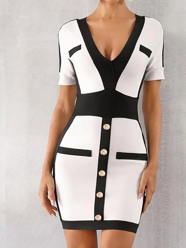Shop Now and Save Button Detail Two Tone Bodycon Dress