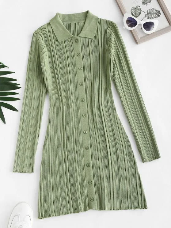 Weekend Big Sale Button Up Ribbed Bodycon Sweater Dress for Women